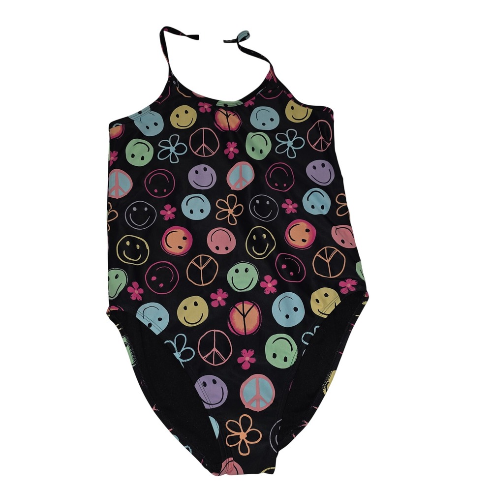 The Children's Place Girls XXL 16 One Piece Swimsuit Smiley Peace UPF 50+ Black